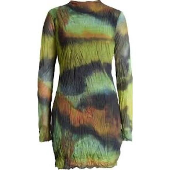 Topshop NWOT Tie Dye Long Sleeve Mesh Minidress Size 0-2 Green Black Colorful - Picture 5 of 9